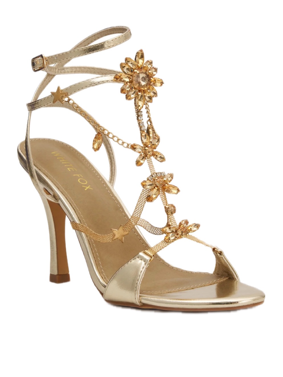 White Fox Boutique Chaya Embellished Wrap Heel Champagne Strappy Heeled Sandals